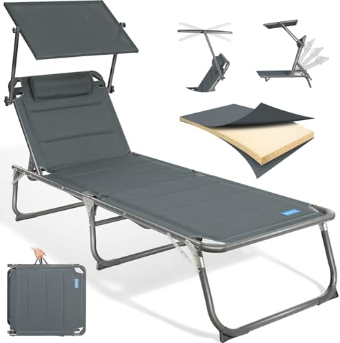 Homecall Sonnenliege Klappbar Mit Dach, Kopfstütze, 5-Fach Verstellbare Rückenlehne, 200 x 70 cm Gartenliege Wetterfest, Garten Liegestuhl Klappbar Leicht, Bis 180 kg für Garten XXL, Karbon Grau