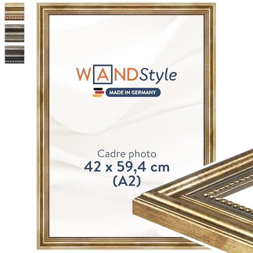 WANDStyle Bilderrahmen A2 Holz, DIN A2 Bilderrahmen Gold Vintage 60x42 cm, hochwertiger Holzbilderrahmen Antik, Posterrahmen zum Aufhängen, Rahmen 42x60 cm, Fotorahmen H450 - Made in Germany