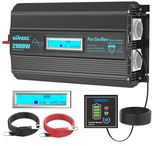 GIANDEL 2000W Reiner Sinus Wechselrichter 12V auf 230V Spannungswandler | Magnetisches Ringdesign, Batteriekabel aus Reinem Kupfer, Kompatibel mit Lithium-Batterie, LCD Bildschirm Für Wohnmobil, LKW