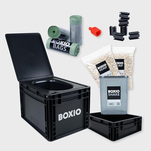 BOXIO - Toilet Max+: Mobile Trockentrenntoilette Komplettset für unterwegs | Campingtoilette ohne Chemie für Camping, Van, Outdoor, Dachzelt: Toilette auf Eurobox Basis ohne Strom, schwarz, 40x30x28