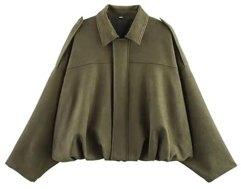 Vinuwu Bomberjacke Damen Wildlederjacke Kurz übergangsjacke Bomberjacke mit Zip Tasche Streetwear Winterjacke für Herbst Übergangszeit (DE/NL/SE/PL, Alphanumerisch, S, Regular, Regular, Grün)