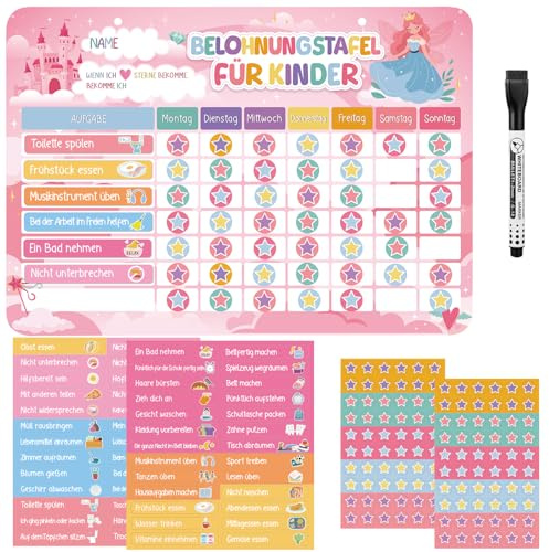 Magnetische Belohnungstafel Kinder, Magnettafel mit 52 Aufgaben Magnete und 120 Sternmagneten, Aufgabenplaner Wochenplaner Belohnungssystem für Routine Verhalten Töpfchentraining (Prinzessin Schloss)