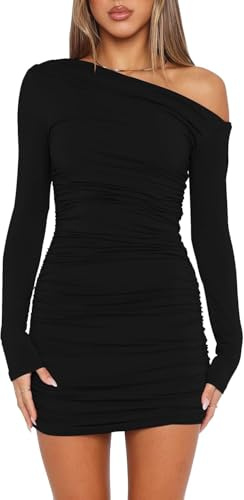 Wenrine Damen Kleider Sexy Schulterfrei Partykleid Langarm Minikleid Rüschen Bodycon Hochzeitsgast Cocktailkleid(Schwarz, S)