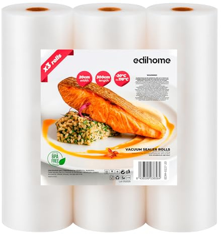 Edihome, Vakuumierbeutel, 3 Rollen, 20x300cm, Sous Vide, BPA frei, nicht Wiederverwendbar, Vakuumbeutel, Folie, Food Bag, für das Essen (20x300cm)
