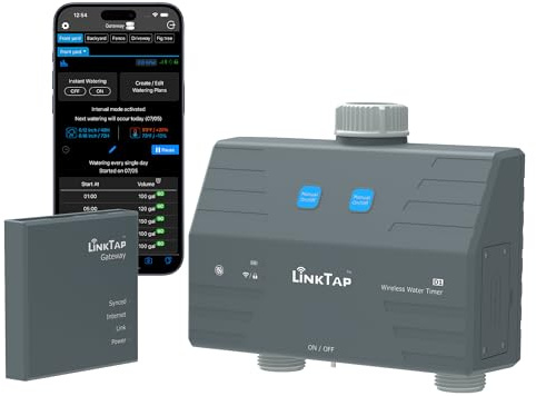 LinkTap D1 Intelligenter Bewässerungscomputer und Gateway, 2-Zonen Bewässerungssteuerung, Integrierte Durchflussmesser, Wetteranpassung, Größere Reichweite als WiFi, Echtzeit-Fehlererkennung, IP66