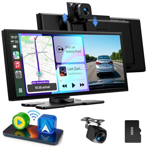 LAMTTO Wireless CarPlay Android Auto Display 10,25 Zoll In-Cell Touchscreen Car Play mit Dashcam 2.5K+1080P Sprachsteuerung Karten Navigation Bluetooth FM AUX Loop Aufnahme 64GB TF Karte