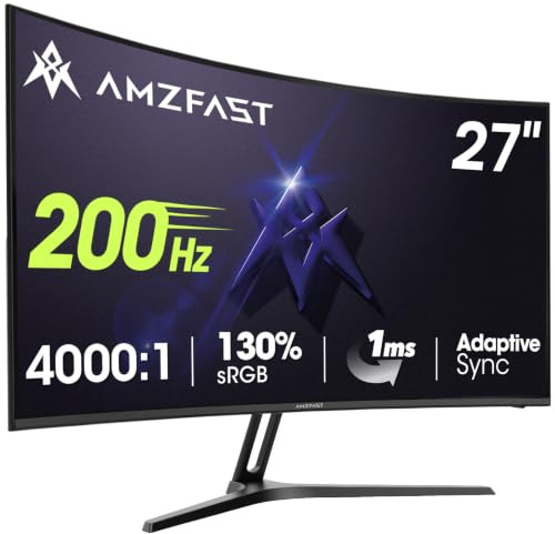 Amzfast 27 Zoll Curved Gaming Monitor 200Hz, 1920x1080 FHD, 4000:1 Contrast, sRGB 130%, HDR, 1ms GtG, Adapive Sync, 1500R, Blaulichtfilter, fur PS5/PC Gaming, VESA 100x100mm, HDMI 2.0&DP 1.4, AMZG27C1
