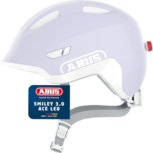 ABUS Kinderhelm Smiley 3.0 ACE LED - Fahrradhelm mit Licht - Tiefe Passform & Platz für einen Zopf - für Mädchen und Jungs - Pure Lavender, Größe M