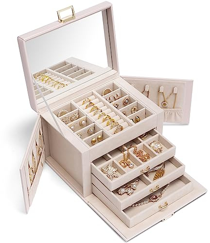 VLANDO Schmuckkästchen Schmuckkasten Groß mit 4 Ebenen, Schmuckschatulle PU Leder, Schmuckbox mit Spiegel und Schubladen, Schmuck Organizers, Innenfutter aus Samt, Beige