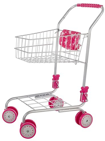 Idena 40250 - Einkaufswagen aus Metall, zusammenklappbarer Wagen mit pinken Details, Zubehör für Spielküche und Kaufmannsladen, für Kinder ab 3 Jahren, Rosa/Silber