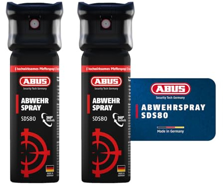 ABUS Abwehrspray SDS80 zur Tierabwehr, 2er Set – hochwirksames Pfefferspray zur Selbstverteidigung bei Tierangriffen – mit Jet-Sprühstrahl für bis zu 5 Meter Reichweite – funktioniert auch kopfüber
