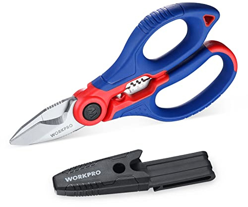 WORKPRO Elektrikerschere Kabelschere Universalschere, Multi Schere mit Abisolierzange, Multifunktions-Edelstahlschere mit Gürtelclip, 163MM, Universalschere