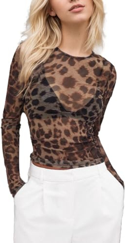 EMOTTOS Damen Leopardenmuster Durchsichtige Netzoberteil, Sexy Rundhals Oberteil mit Animal Muster Shirt, Damen Y2K Slim Fit Mesh Tops Ausgehen Clubbing Party Enges T-Shirt für Mädchen, Schwarz, S