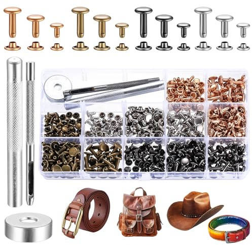 IYEREER 264Stk Doppelkappe Ledernieten Set mit Werkzeugen 6/8/12mm | Metall Hohlnieten in 4 Farben passend für DIY Lederhandwerk und Kleidung, inklusive Nietenzange und Lochzange
