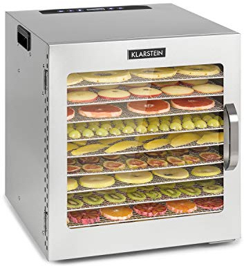 Klarstein Captain Jerky 110 Dörrautomat, 1000 W, Temperatur: 30-90 °C, 24-Stunden-Timer, BPA-frei, Touch-Bedienfeld, 10 Einschübe, Glastür, Edelstahl Dörrgerät für Obst, Gemüse, Auffangblech, silber