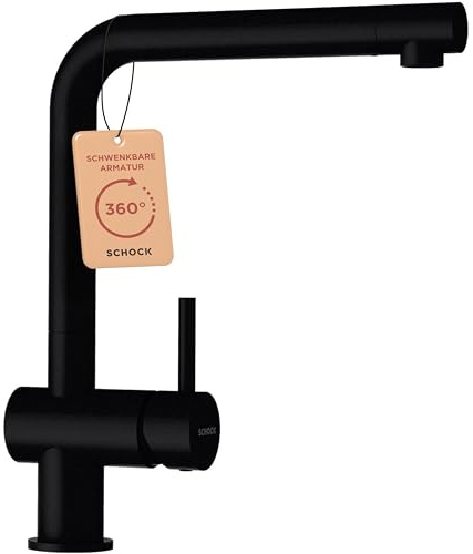SCHOCK® Küchenarmatur EPOS Puro I schwarze Hochdruck Armatur Puro I Einhebelmischer mit Festauslauf I 360° schwenkbarer hoher Auslauf I Spültischarmatur mit flexiblem Anschluss