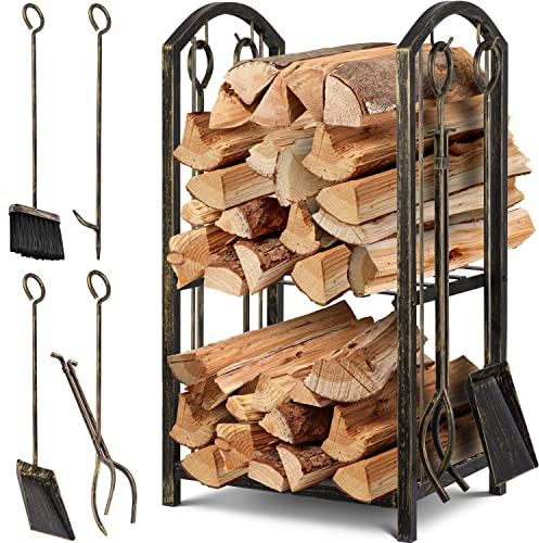KESSER® Kaminholzregal 5-teiliges Set Kaminholzständer Feuerholzablage Brennholzregal Innen und Aussen Metall 2 Ebenen 4 Kaminwerkzeug für Kamin & Ofen, Stahl 40x30x74,5cm Verstellbar Gold/Schwarz
