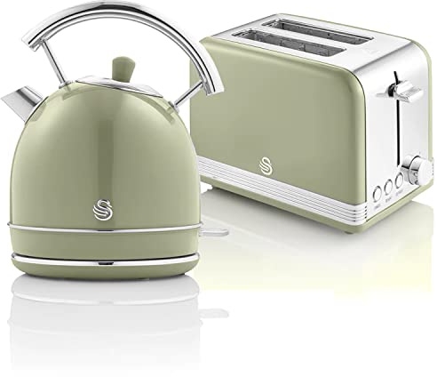 Swan Retro Set Frühstückswasserkocher 1,8L Kabelloser Wasserkocher mit Edelstahl-Heizelement, 2 Scheiben Breitschlitz-Brottoaster, 6-Stufiger Toastregler, Vintage Design, Grün, Einheitsgröße