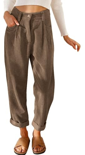 Tincini Cordhose Damen Casual High Waist Tapered Hose Baumwoll Gerades Bein Hosen Einfarbig Freizeithosen mit Taschen (Braun, M)