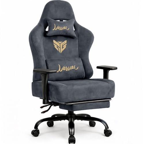 Gaming Stuhl Chair Gamer Sessel-Stoff Wildlederimitat Gamer Stuhl mit Fußstütze Lendenkissen Kopfstütze Höhenverstellbar 3D Armlehnen mit Mehrfach Verstellbaren Armen Gamingstuhl 150 Kg Drehbarer Grau