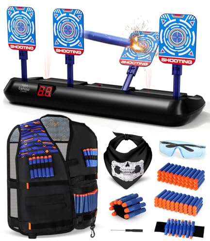 Lehoo Castle Zielscheibe für Nerf Pistole mit Nerf Weste, für ab 3 Jahren | Auto-Reset-Ziele, LCD-Anzeige, Licht und Sound, Taktikweste, 60 Schaumstoffdarts, Indoor & Outdoor Spiele für Kinder
