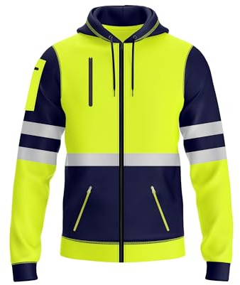 NOROZE Herren Kapuzenpullover mit Reißverschluss vorne reflektierend hohe Sichtbarkeit Sicherheitsmantel Taschen Sweatshirt Jacke (XXL, Stil 1: Neongrün/Marine)