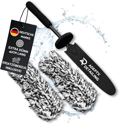 ADEPTX Detailing Mikrofaser Felgenbürste extra dünn & flach 42cm – 2 Wechselbezüge inklusive – Schonende Reinigung bis tief ins Felgenbett – Ideal für Alufelgen & Stahlfelgen