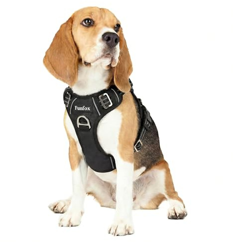 Funfox Hundegeschirr Mittelgroße Hunde [M] - Verstellbares Anti-Zug Brustgeschirr mit Griff & Reflektorstreifen, Atmungsaktives No Pull Hundegeschirr für Grosse/Kleine Hunde Outdoor Schwarz