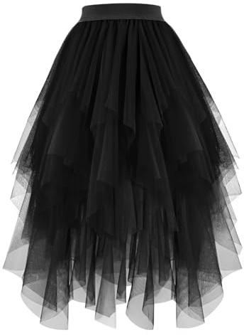 JasGood Damen Tüllrock High Low Layered Unregelmäßig Tüll Rock Damen A-Linie Midirock Ballett Tutu Abschlussball Karneval Party Rock,Schwarz,XL