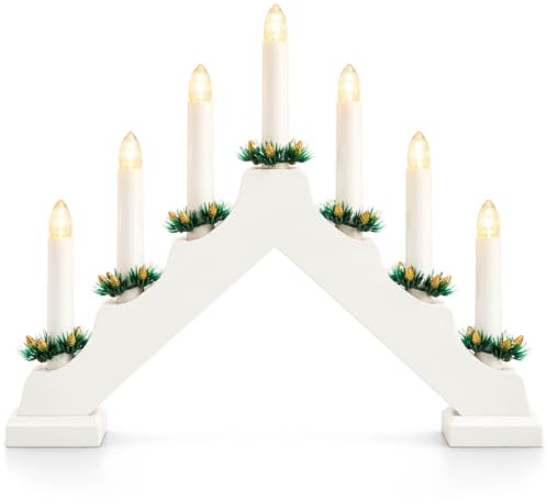 com-four® LED Schwibbogen mit Timer-Funktion als Weihnachtsbeleuchtung | Kerzenbrücke mit 7 LEDs - Lichterbogen Pyramide aus Holz - Fensterleuchter - Fensterbogen