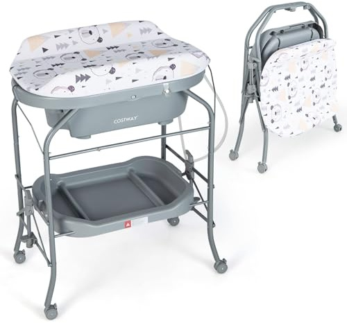 COSTWAY 4 in 1 Wickeltisch mit Badewanne, tragbare Wickelkommode mit PVC-Auflage & Abflussrohre, mobile Wickelstation klappbar mit Universalrädern für 0-12 Monate Baby, bis 35 kg belastbar (Grau)
