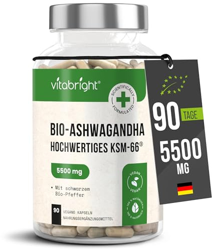 Ashwagandha KSM-66 | Bio Ashwagandha Kapseln Hochdosiert 5500mg | 3 Monate - 1 Pro Tag | Cortisol Senken | 550mg 10x Konzentriertes Extrakt Bio Ashwaganda Pulver | VitaBright Cortisol-Senker Tabletten