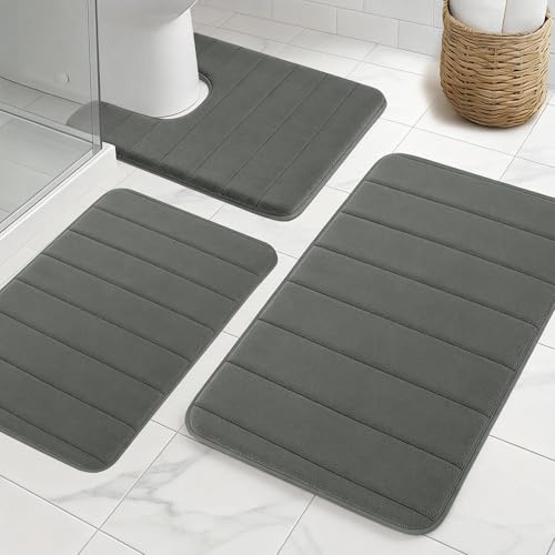 NAKIHOUSE Badezimmerteppich Set 3 Teilig aus Dicke Memory Foam rutschfest Saugfähig Waschbar Weich Schnell Trocknend Badematte Set und U Förmige wc Vorleger für Dusche, WC & Badewanne,Dunkelgrau