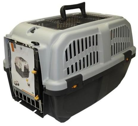Aimé | Transportbox Katze und Hund | Hunde und Katzenkorb Transport | Transportbox mit seitlichen Belüftungen, Metallgitter und Sicherheitsverschluss | Farbe Grau, Maße 56x36x35 cm