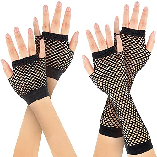 Bencailor 2 Paar Halloween Lange und Kurze Netzhandschuhe Fingerlose Netzhandschuhe Netz Mesh Handschuhe 80er Jahre Kostüm Zubehör Partyzubehör (Schwarz)