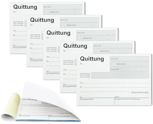 5x Quittungsblock A6 Quer 2x40 Blatt Kleinunternehmer selbstdurchschreibend Durchschlag Rechnungsblock Dokumentendruck für Beträge über 250€ mit separater MwSt., für DE/AT) weiß/gelb
