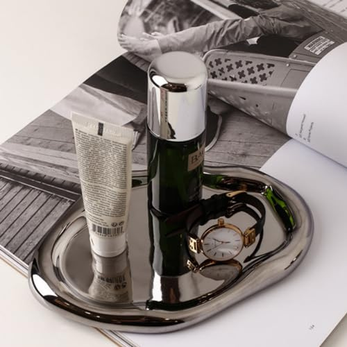 CHENDECOR Silbernes Dekoratives Schminktablett, Keramik, rund, Tellerhalter, Make-up-Tablett, Heim-Organizer, unregelmäßige Aufbewahrungsplatte
