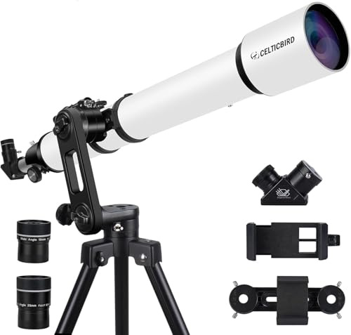 CELTICBIRD Refraktor Astronomieteleskop mit 1000 mm und 90 mm Öffnung für Erwachsene, Anfänger, mit hochpräziser Einstellung, Halterung für Telefonadapter, Stativ mit Vertisteel AZ-Montierung