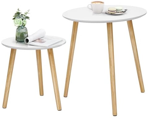VASAGLE 2er Set Beistelltisch rund, Couchtisch mit Beinen aus Kiefernholz | Wohnzimmertisch modern, skandinavischer Stil, für Wohnzimmer, Balkon, weiß-naturfarben, ISLAND Kollektion LET07WN