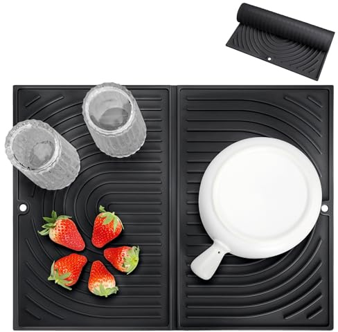 Oamwrae Abtropfmatte Geschirr aus Silikon, Faltbare Geschirrmatte, Hitzebeständig, Rutschfest Dish Drying Mat für die Küche (43 × 34 cm, Schwarz)