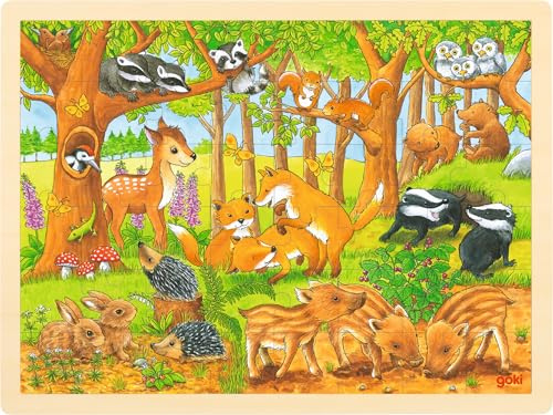 goki 57734 - Einlegepuzzle Tierkinder im Wald aus Holz, Holzpuzzle mit Tiermotiven, Lernspielzeug und Kinderpuzzle, fördert Fantasie und Motorik der Kinder, 40cm x 30cm, 48er Set, ab 3 Jahre
