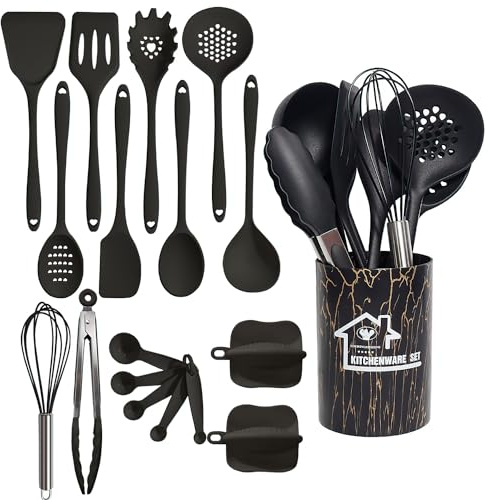 18 Stück Küchenhelfer Set,Silikon Küchenhelfer Set,Kochutensilien Kochbesteck Set mit Non-stick Heat-Resistant Silicone Kitchen Utensils. (schwarz)