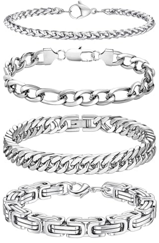 LOCCY Armband Herren, 4 Stück Silber Edelstahl Herrenarmbänder Panzerkette Armband Königskette Armbänder Figaro Armbänder Glieder Link Armkette für Männer Jungs (4 Stück-Silber-4/6mm, Zentimeter, 23)
