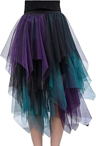 Damen Tüll Röcke High Low Layered Faltenrock Midi Rock Asymmetrisch Karnevalsrock Elegant Weich Knielang Puffy Fee Röcke