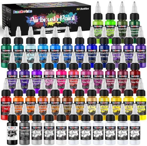 FansArriche Airbrush Farbe, 44 Farben+6 Verdünner, Acryl-Luftpinsel-Set, blickdichte und neon Farben, Perlenfarben, für Anfänger, Künstler, DIY-Projekte, 20 ml/Flasche