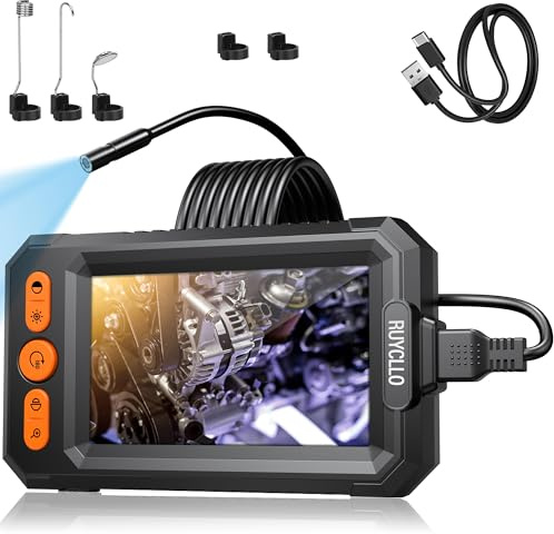 Ruycllo Endoskopkamera mit Licht 4.3 IPS Bildschirm – 1080P HD Inspektionskamera mit 8mm Kamera & 8 LED, IP67 wasserdichtes Endoskop mit 5M halbstarrem Kabel für KFZ Rohrleitungen Haushalt Industrie