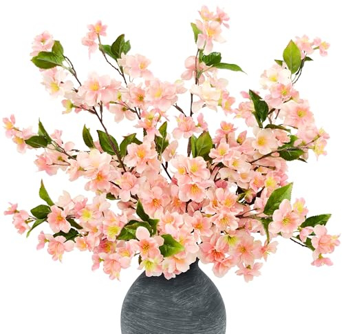 4 Stück Künstliche Kirschblüten Blumen 60cm Kunstblumen Kirschblüte Osterstrauch Zweige Frühlingsdeko Seidenblumen wie Echt, Fake Flowers Pfirsichblüte für Bodenvase Tischdeko Frühling (Retro Rosa)