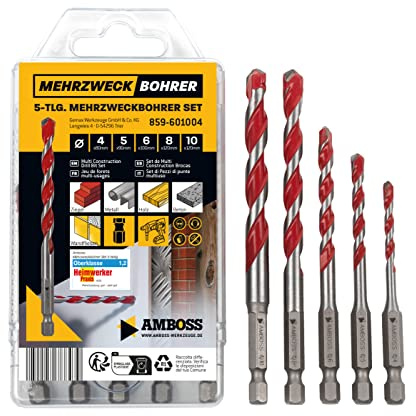 Amboss Mehrzweck Bohrer Set Multifunktionsbohrer Multibohrer 5teilig Ø 4,5,6,8,10 mm | für Holz, Bleche, Gipskarton, (Edel-) Stahl, Mauerwerk uvm. | für Bohrmaschinen/Akkuschrauber
