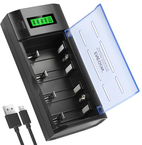ENEGON Batterie Ladegerät–Universal Akku Ladegerät & Battery Charger für AA/AAA/C/D/9V NiMH/NiCD wiederaufladbare Batterien –mit LCD Display, Entladefunktion und 4 Ladeschächten(Kein Adapter)