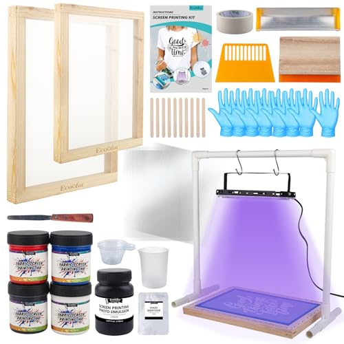 Ecoofor 47-teiliges All-in-One Siebdruck-Set mit 50W UV-Belichtungslampe, Siebdruckrahmen aus Holz in 2 Größen, 4 Siebdruckfarben, 10 A4 Transparentfolien & Werkzeuge